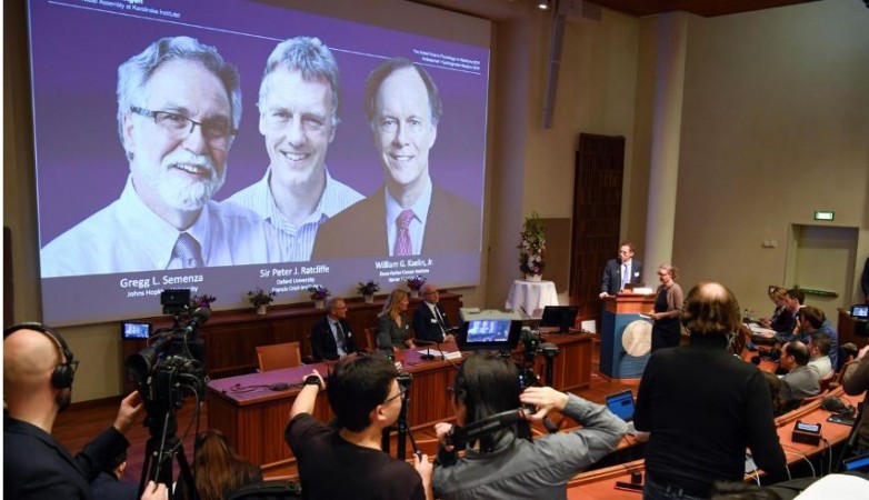 Thomas Perlmann, Secretary-General of the Nobel Committee, presents the Nobel laureates, William G. Kaelin Jr, Sir Peter J. Ratcliffe and Gregg L. Semenza, of this year's Nobel Prize in Medicine during a news conference in Stockholm, Sweden. Image: Reuters Nobel Prize 2019