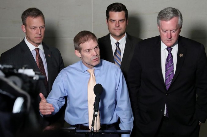 US Representative Jim Jordan (R-OH) leads fellow Republicans, including Rep. Scott Perry (R-PA), Rep. Matt Gaetz (R-FL) and Rep. Mark Meadows (R-NC), as he speaks to reporters outside the House Intelligence Committee offices on Capitol Hill in Washington, US October 8, 2019. White House Trump impeachment
