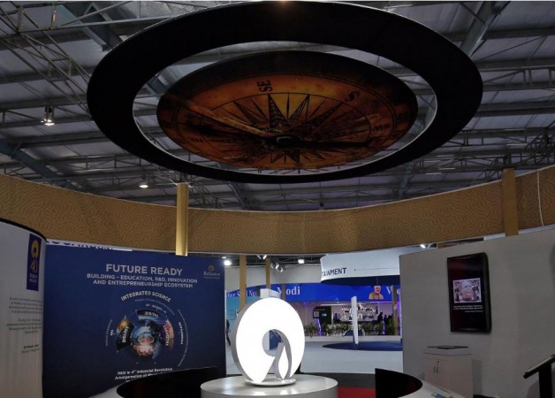 The logo of Reliance Industries is pictured in a stall at the Vibrant Gujarat Global Trade Show at Gandhinagar, January 17, 2019. Reliance