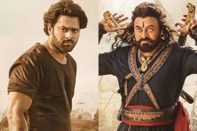 A collage of Prabhas in Saaho and Chiranjeevi's Sye Raa Narasimha Reddy. Prabhas and Chiranjeevi
