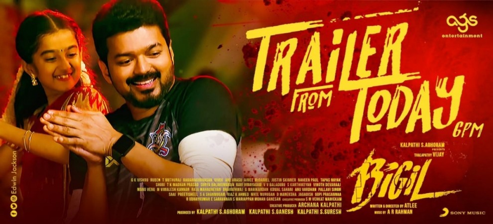 A promotional material of Vijay's Bigil trailer release. A poster of Vijay from Bigil