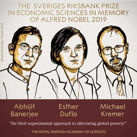 The Nobel Prize tweeted this image announcing the winners of the 2019 Sveriges Riksbank Prize in Economic Sciences in Memory of Alfred Nobel. Nobel Prize in Economics