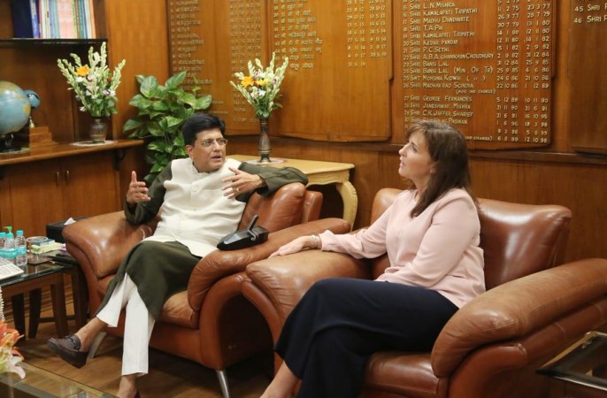 Commerce Minister Piyush Goyal chats with Walmart International President and CEO Judith McKenna in his office. Goyal has been pushing for a trade deal with India at a time when the trade ties between the two countries have hit a new low. Piyush Goyal discusses local sourcing with Walmart