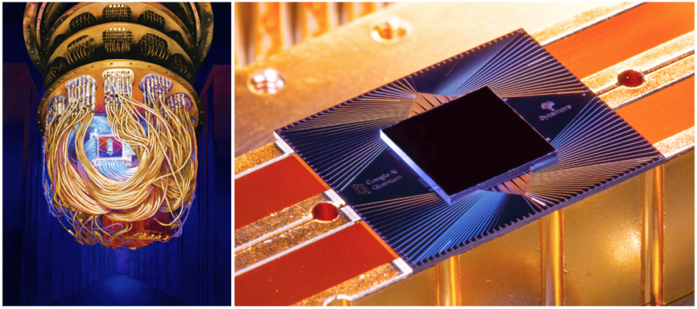 Left: Artist's rendition of the Sycamore processor mounted in the cryostat. (Forest Stearns, Google AI Quantum Artist in Residence) Right: Photograph of the Sycamore processor. Left: Artist's rendition of the Sycamore processor mounted in the cryostat. (Forest Stearns, Google AI Quantum Artist in Residence) Right: Photograph of the Sycamore processor.