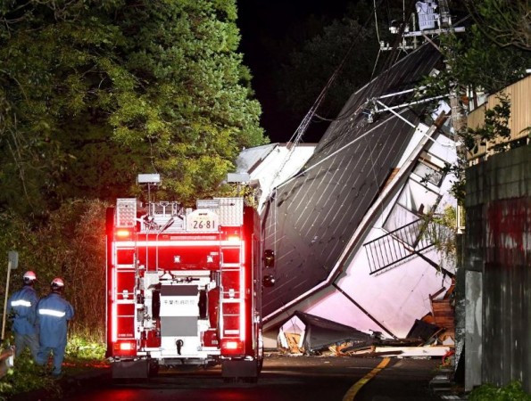 A house destroyed due to a landslide caused by a heavy rain is seen in Chiba, east of Tokyo, Japan October 25, 2019, in this photo released by Kyodo. Japan typhoon