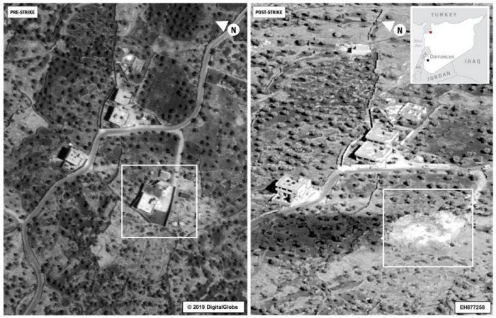 A side by side comparison of the compound of Islamic State leader Abu Bakr al-Baghdadi is seen before and after an air strike in the Idlib region of Syria, October 26, 2019. Baghdadi operation