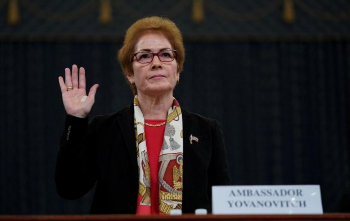 Marie Yovanovitch, former US ambassador to Ukraine, is sworn in to testify before a House Intelligence Committee hearing as part of the impeachment inquiry into US President Donald Trump on Capitol Hill in Washington, US, November 15, 2019. Trump impeachment