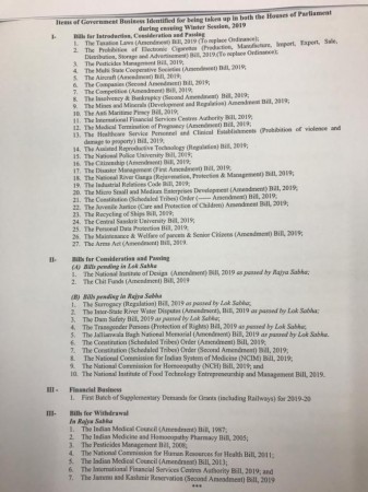 Bills to be passes during the winter session of the parliament (Image: Twitter) Bills to be passed
