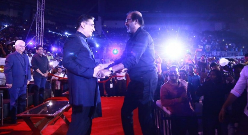 Kamal Haasan hugs his long-time friend Rajinikanth at Ungal Naan. Kamal Haasan and Rajinikanth at Ungal 60 (Kamal 60)