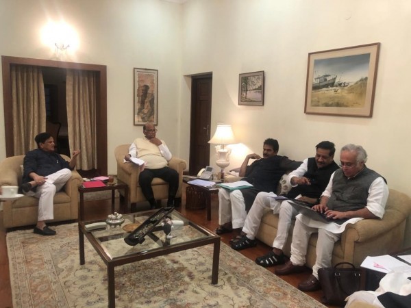 NCP chief Sharad Pawar with Congress leaders Ahmed Patel, KC Venugopal, Prithviraj Chavan and Jairam Ramesh during a meeting of both the parties in Delhi. Maharashtra govt formation
