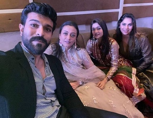 Ram Charan's selfie with his wife Upasana and Namrata Shirodkar at Sania Mirza's sister's wedding Ram Charan's selfie with his wife Upasana and Namrata Shirodkar at Sania Mirza's sister's wedding