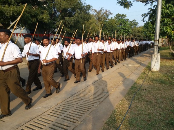 RSS volunteers participate in 'Path-Sanchalan' march. Rashtriya Swayamsevak Sangh