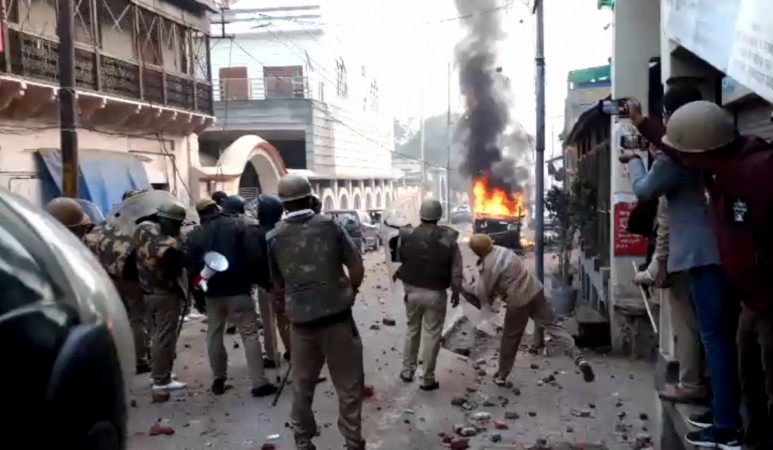 Police personnel at Uparkot area of UP's Bulandshahr where agitations against the CAA took place. Citizenship Act