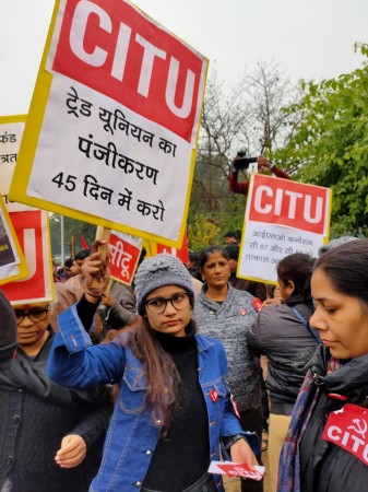 Members of Centre of Indian Trade Unions (CITU) stage a demonstration during an All India General Strike called by trade unions at Shaheed Park, ITO in New Delhi. Bharat Bandh demonstrations