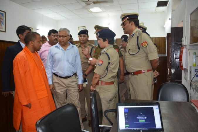 Uttar Pradesh Chief Minister Yogi Adityanath during his visit to Hazratganj police station in Lucknow. Uttar Pradesh police