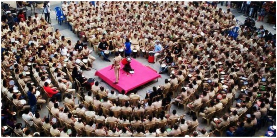 Bengaluru City Police gather at the Drum Circle event held in Orion Mall, Yeshwantpur. Drum Circle