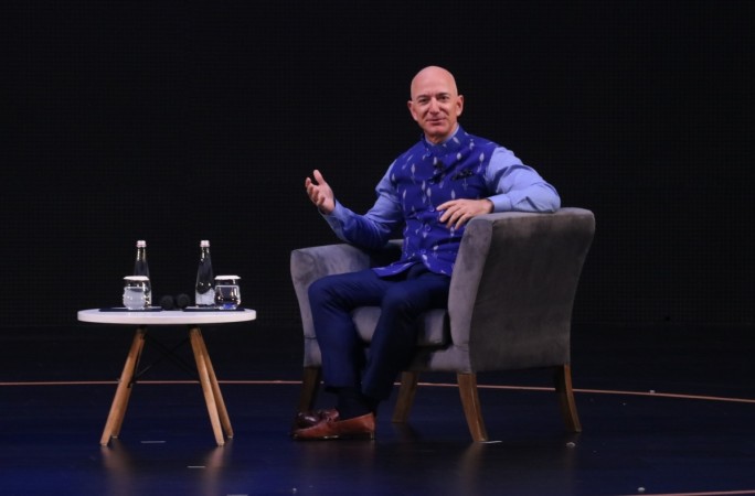 Amazon CEO Jeff Bezos interacts with entrepreneurs at the Amazon Smbhav event in New Delhi on Jan 15, 2020. jeff bezos delhi event