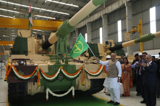 Defence Minister flags off the K9 Vajra-T guns at the L&T's Armoured Systems Complex (ACS) in Hazira, Gujarat. Rajnath Singh