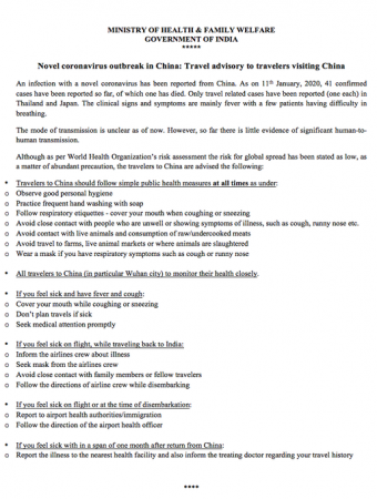 Advisory issued by Ministry of Health Advisory