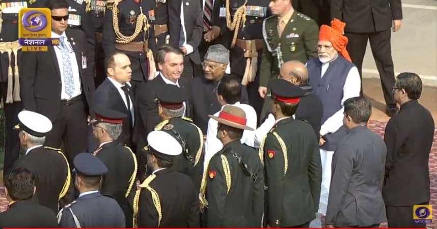 PM Modi arrives at Rajpath along with President Kovind and President of Brazil Jair Bolsonaro. Narendra Modi rajpath