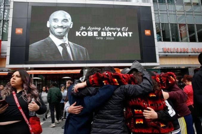 Mourners gather in Microsoft square. Kobe Bryant
