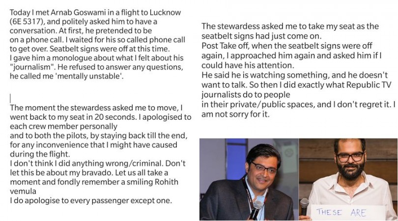 Kunal Kamra's statement on heckling Arnab Goswami Kunal Kamra's statement on heckling Arnab Goswami