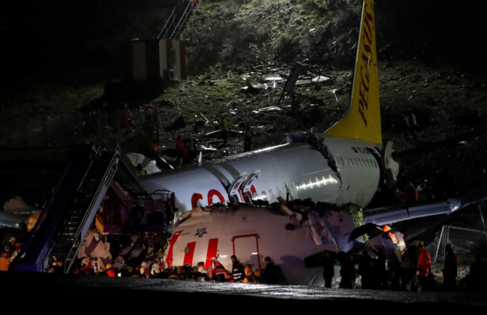 The Boeing 737 plane could not grasp the runway because of bad weather conditions, and fell toward a road from a height of 30-40 meters. turkish plane
