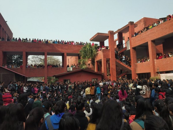 Students protesting at Gargi College. Twitter Gargi College