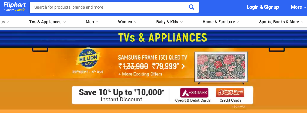 Flipkart has announced massive festival season-opening day sales defying talk of a nationwide slowdown. Flipkart offer on Samsung TV