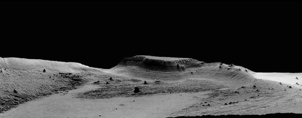 An isolated hill in the Medusae Fossae Formation. The effect of wind erosion on this hill is evident by its streamlined shape Medusae Fossae Formation