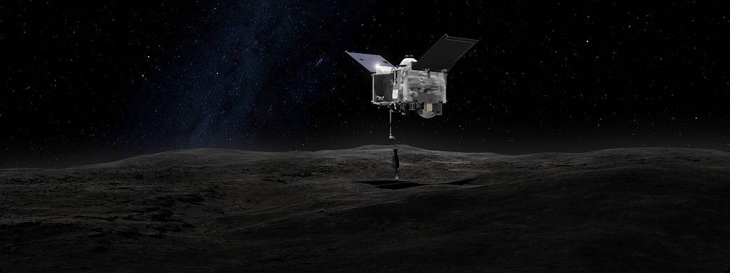 This artist's concept shows the Origins Spectral Interpretation Resource Identification Security - Regolith Explorer (OSIRIS-REx) spacecraft contacting the asteroid Bennu with the Touch-And-Go Sample Arm Mechanism or TAGSAM. The mission aims to return a sample of Bennu's surface coating to Earth for study as well as return detailed information about the asteroid and its trajectory. nasa, asteroid, Bennu, OSIRIS-REx, spacecraft,
