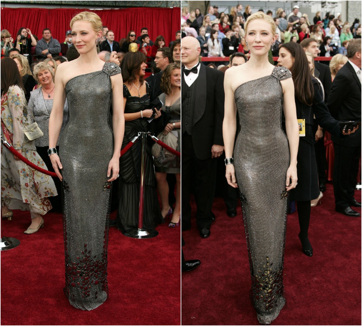 Australian actress Cate Blanchett 2007 Oscars Armani Privé dress fully embellished with Swarovski crystals is worth $200,000 (£154K). Cate Blanchett