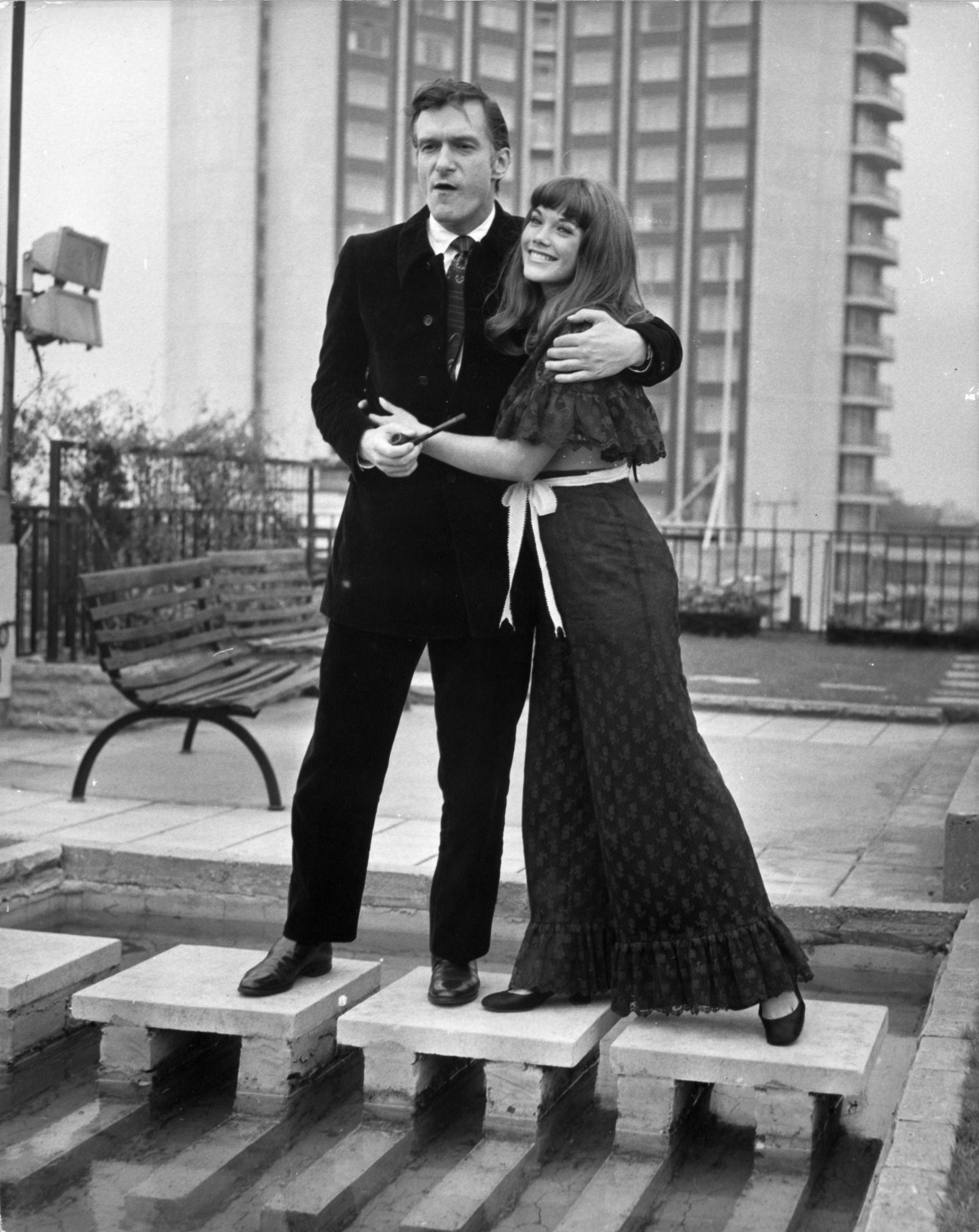 American pornographic magazine publisher and club owner, Hugh Hefner with American actress, Barbara Benton on the roof of London's Playboy Club on Park Lane, Central London after holding a press conference. Hugh Hefner