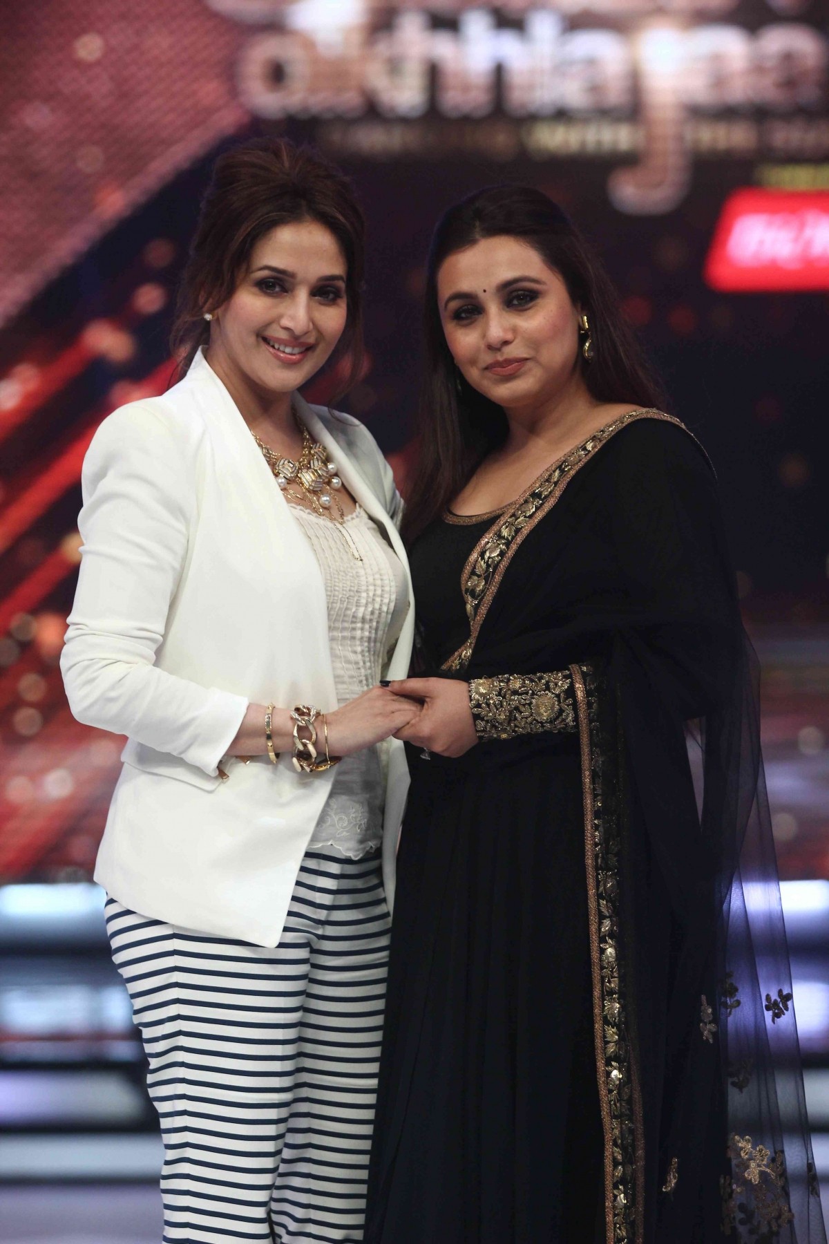 Madhuri and Rani smile for the camera. Rani promotes 'Mardaani' on 'Jhalak Dikhhla Jaa'