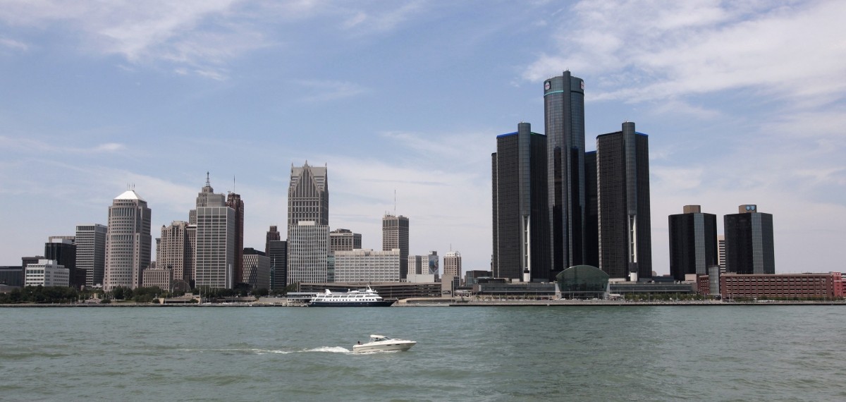A view of downtown Detroit, including General Motors World Headquarters (2nd R), along the Detroit River in Detroit, Michigan July 21, 2012. Detroit