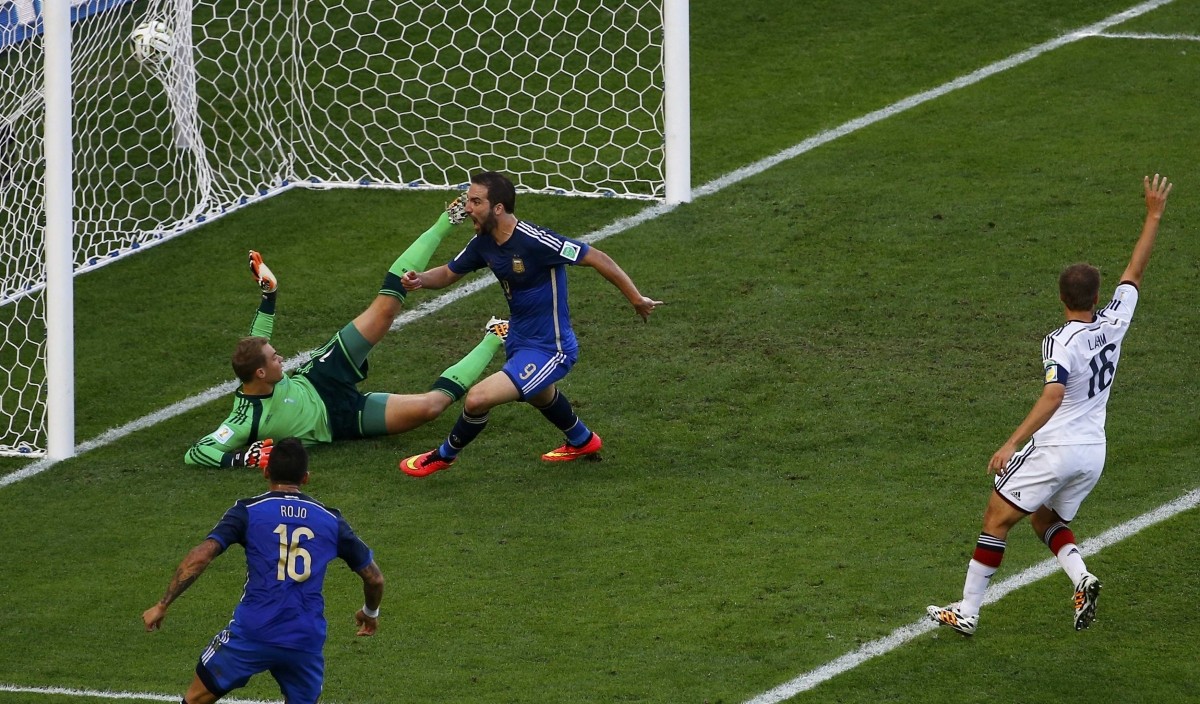 Argentina's Higuain celebrates a goal against Germany's goalkeeper Neuer which was ruled offside during 2014 World Cup final at the Maracana stadium in Rio de Janeiro. Germany vs Argentina