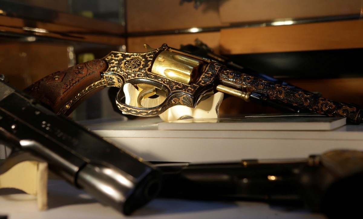 Guns decorated with gold are displayed in the Drugs Museum, used by the military to showcase to soldiers the lifestyles of Mexican drug lords, at the headquarters of the Ministry of Defense in Mexico City, October 14, 2016. Drugs Museum