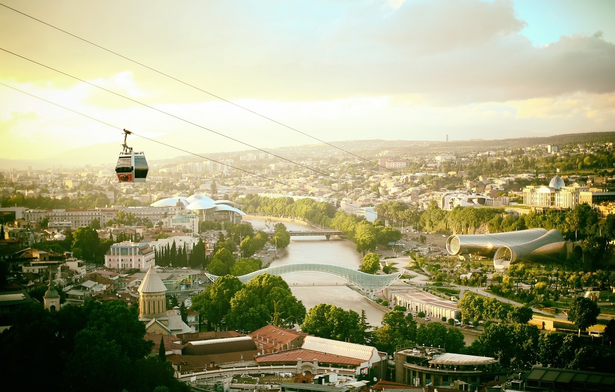 A general view of the Presidential Palace, Rike Park Music theatre and exhibition hall and the Bridge of Peace on June 15, 2017 in Tbilisi, Georgia. Georgia