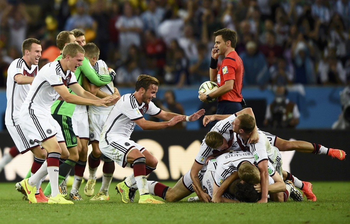 Germany's Goetze celebrates with teammates after winning 2014 World Cup final against Argentina in Rio de Janeiro. Germany vs Argentina