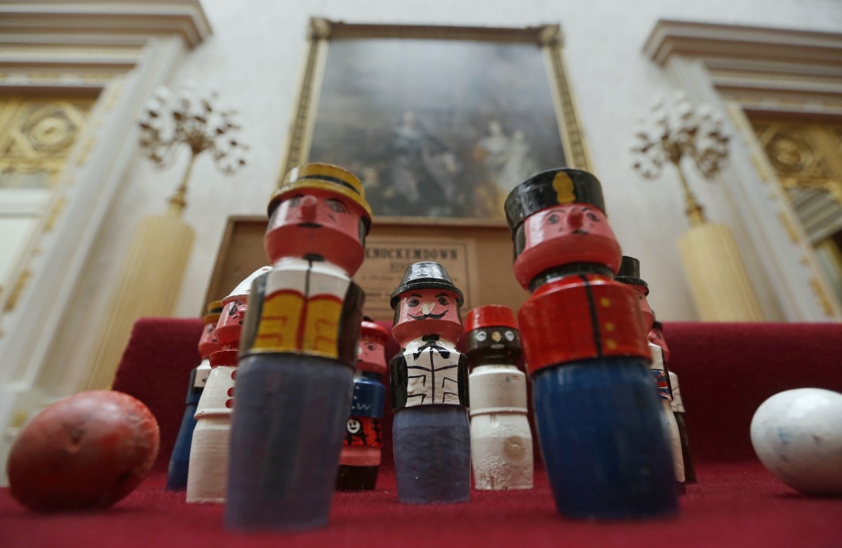 A set of Knockemdown ninepins belonging to Queen Elizabeth. Queen Elizabeth's toy