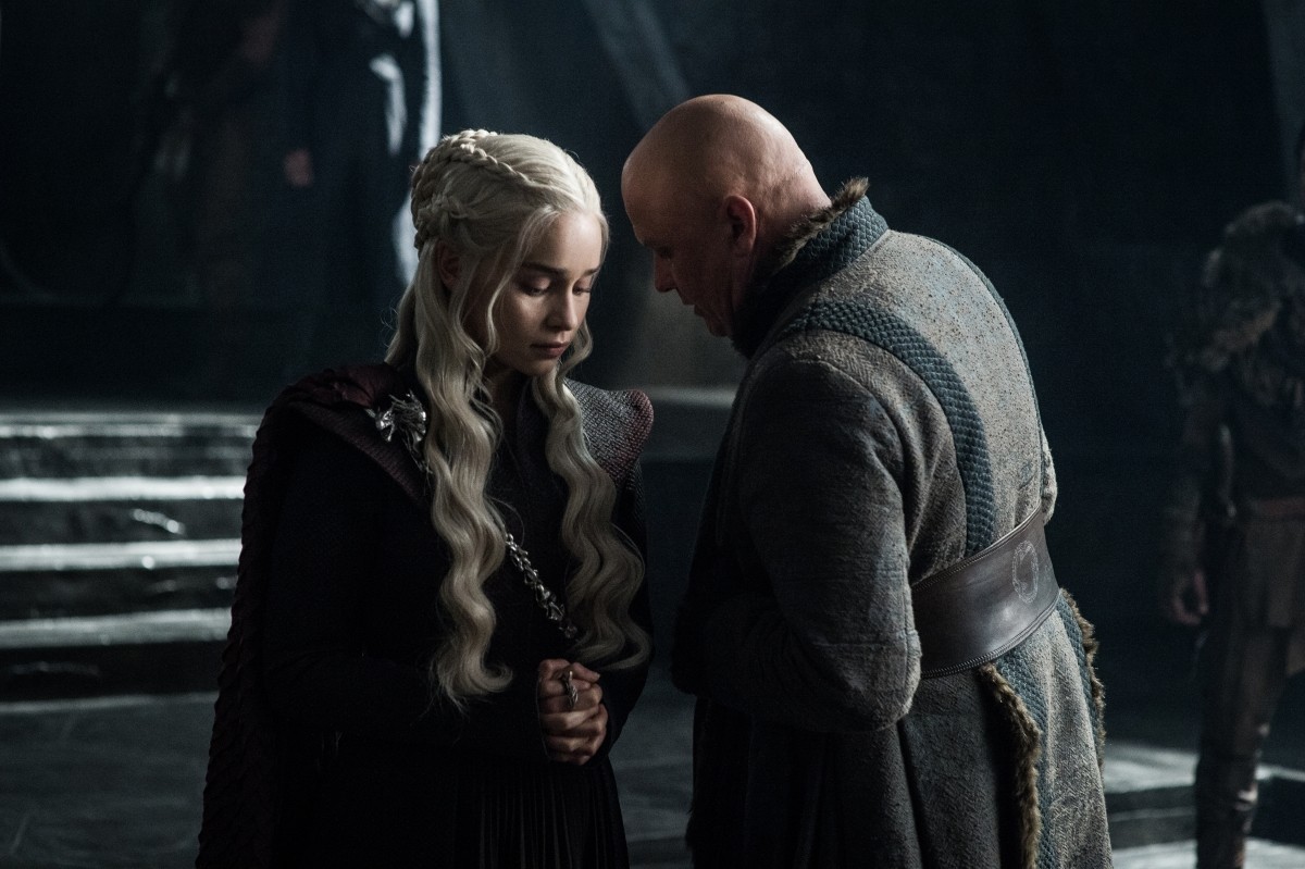 Emilia Clarke as Daenerys Targaryen with Conleth Hill as Lord Varys Emilia Clarke as Daenerys Targaryen with Conleth Hill as Lord Varys