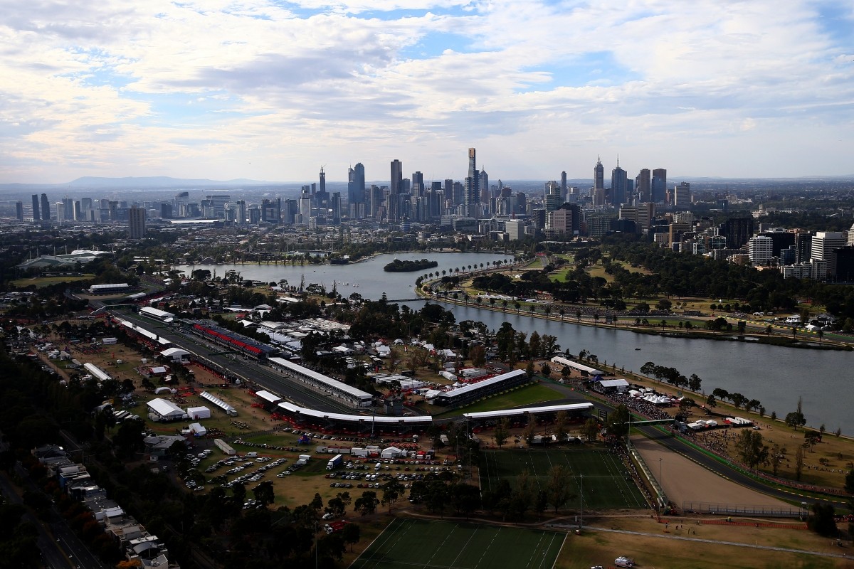 An aerial view of the track including Albert Park Lake during qualifying for the Australian Formula One Grand <span>Prix</span> at Albert Park on March 14, 2015 in Melbourne Melbourne