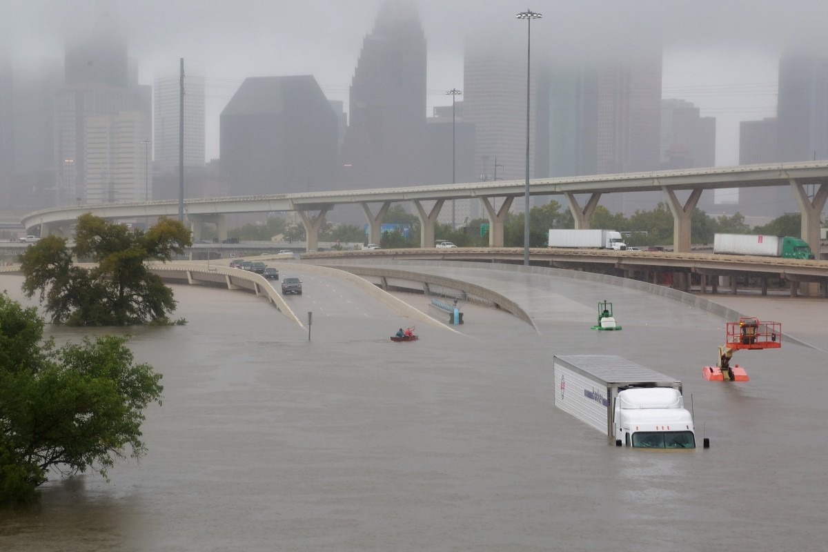 Interstate highway 45 is submerged from the effects of Hurricane Harvey seen during widespread flooding in Houston, Texas, U.S Tropical storm Harvey