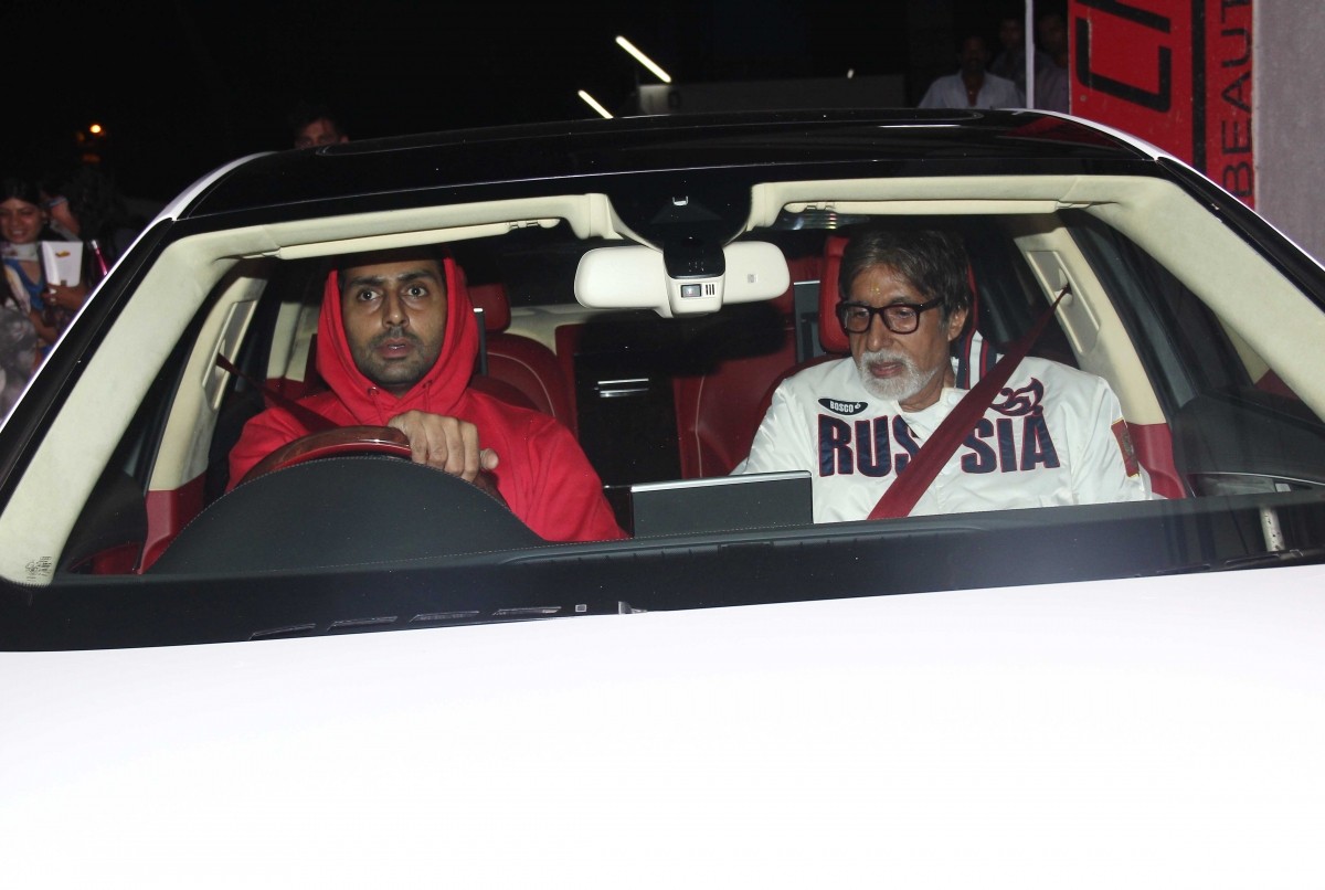 Amitabh Bachchan and Abhishek Bachchan spotted at PVR in Mumbai on Wednesday night. Amitabh Bachchan and Abhishek Bachchan