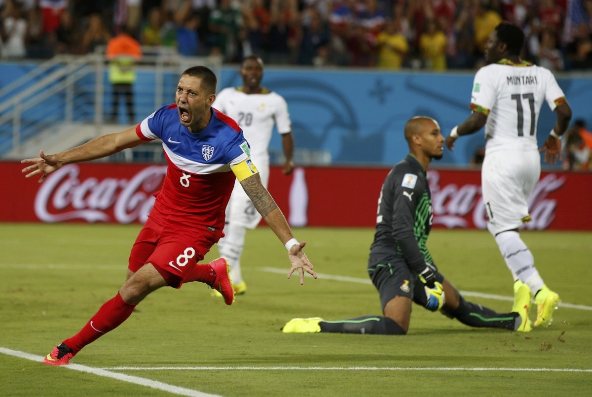 Clint Dempsey of the U.S. celebrates after scoring their first goal during their 2014 World Cup Group G soccer match against Ghana at the Dunas arena in Nata Ghana vs USA