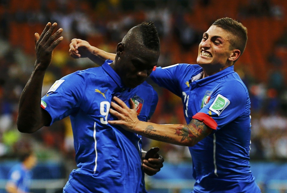 Italy's Balotelli celebrates his goal against England with Verratti during their 2014 World Cup Group D soccer match at the Amazonia arena in Manaus Italy v England