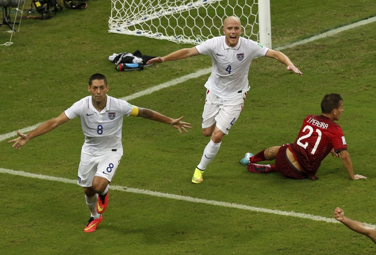 Clint Dempsey of the U.S. and Michael Bradley celebrate after Dempsey scored his team's second goal during their 2014 World Cup Group G match against Portugal at the Amazonia arena in Manaus USA vs Portugal