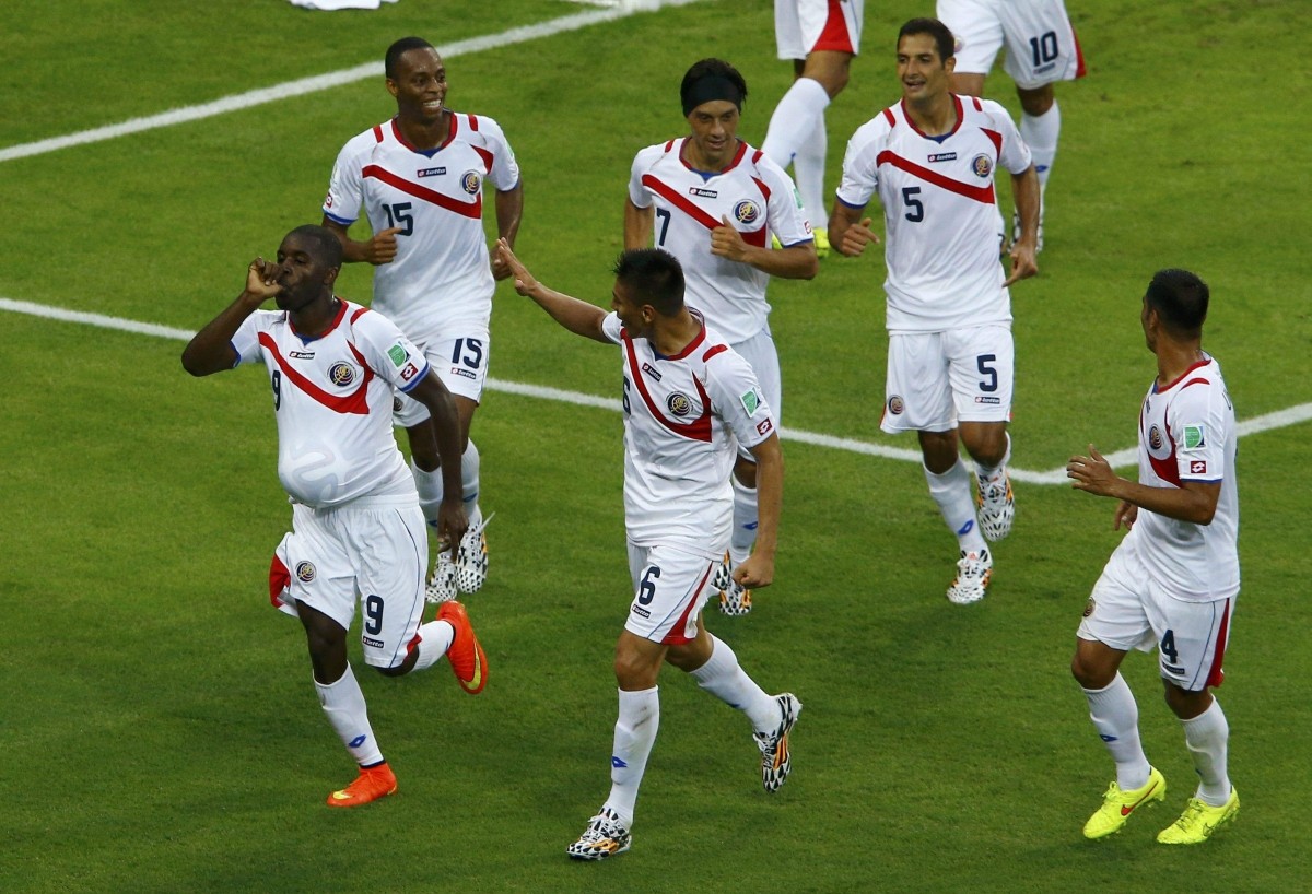 Costa Rica's Campbell celebrates after scoring against Uruguay during their 2014 World Cup Group D match at the Castelao arena in Fortaleza Costa Rica v Uruguay