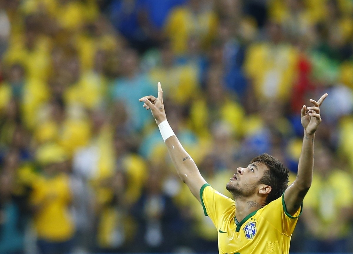 Brazil's Neymar celebrates a goal during the 2014 World Cup opening match between Brazil and Croatia at the Corinthians arena in Sao Paulo Brazil striker Neymar