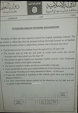 Isis has opened an English medium school for girls and boys in Raqqa.